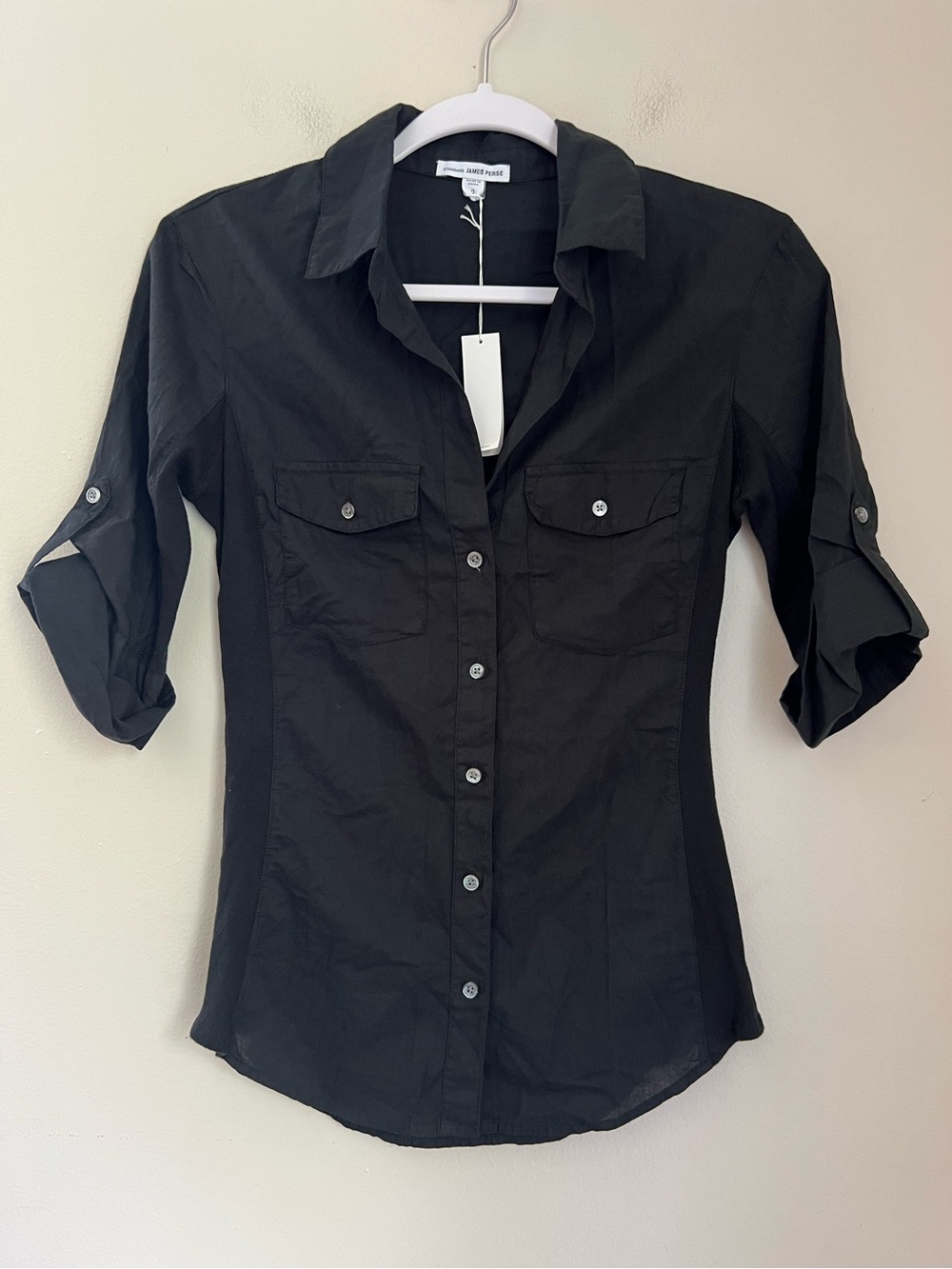 James Perse NWT Button Down Shirt Women’s 2/ M Black Ribbed Contrast Panel Top
